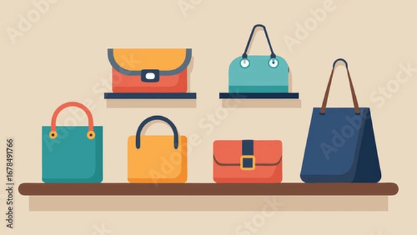 Fototapeta A collection of purses are displayed on a shelf. The purses are of different colors and sizes, and they are arranged in a way that makes them easy to see and compare. Concept of variety and choice