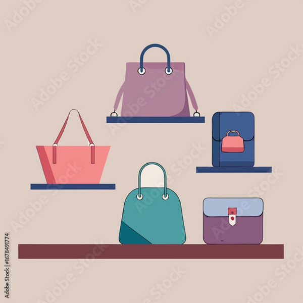 Fototapeta A collection of purses are displayed on a shelf. The purses are of different colors and sizes, and they are arranged in a way that makes them easy to see and compare. Concept of variety and choice