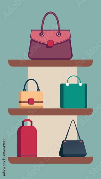 Fototapeta A collection of purses are displayed on a shelf. The purses are of different colors and sizes, and they are arranged in a way that makes them easy to see and compare. Concept of variety and choice