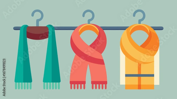 Fototapeta A red scarf hangs on a clothes hanger next to a yellow towel and a blue scarf. Concept of warmth and comfort, as the scarf and towel are likely to be used for warmth and relaxation