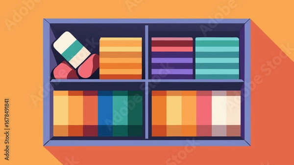 Fototapeta A colorful quilt is displayed in a closet. The quilt is made up of many different colors and patterns, and it is folded up and placed on a shelf. The closet is organized and tidy