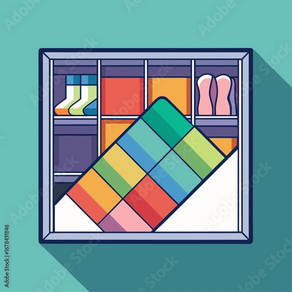 Fototapeta A colorful quilt is displayed in a closet. The quilt is made up of many different colors and patterns, and it is folded up and placed on a shelf. The closet is organized and tidy