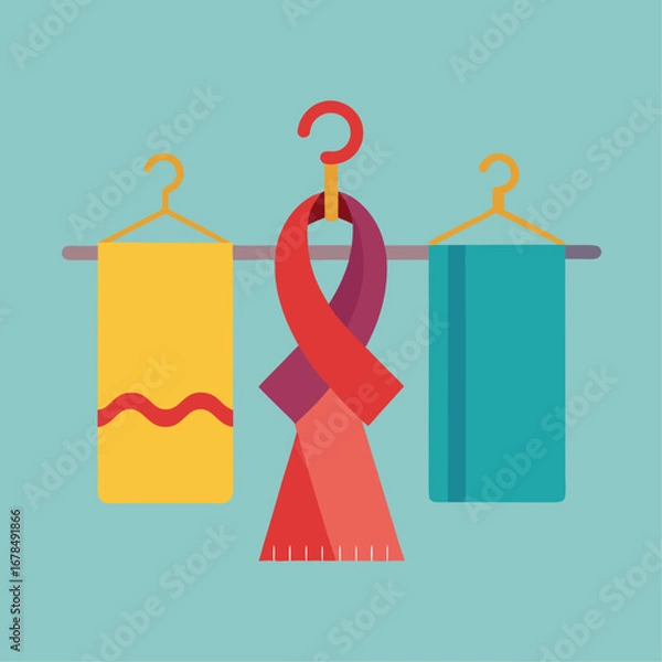 Fototapeta A red scarf hangs on a clothes hanger next to a yellow towel and a blue scarf. Concept of warmth and comfort, as the scarf and towel are likely to be used for warmth and relaxation