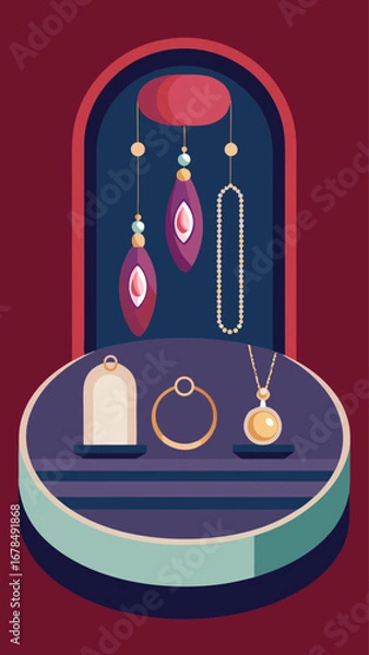 Fototapeta A table with a variety of jewelry and perfume bottles. The jewelry includes necklaces, bracelets, and earrings. The perfume bottles are in different sizes and colors