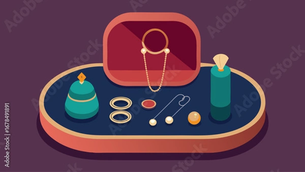 Fototapeta A table with a variety of jewelry and perfume bottles. The jewelry includes necklaces, bracelets, and earrings. The perfume bottles are in different sizes and colors