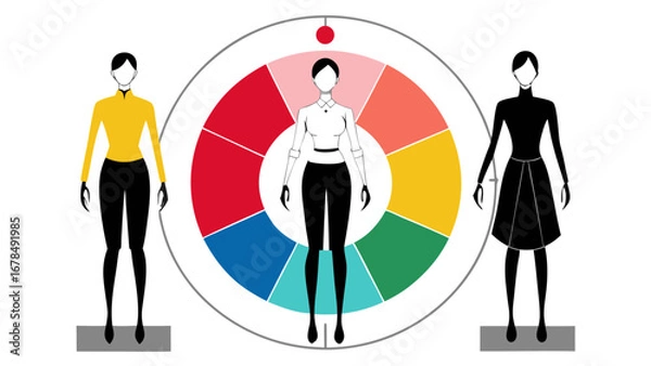 Fototapeta Three women standing in front of a color wheel. The women are wearing black and yellow outfits. The color wheel is divided into six sections, each representing a different color