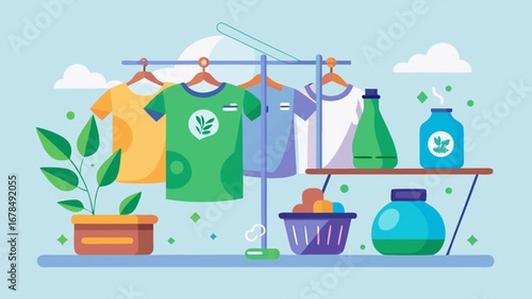 Fototapeta A clothes rack with clothes hanging on it and a green shirt with a recycle logo. A suitcase is also hanging on the rack