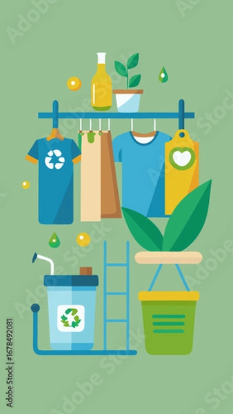 Fototapeta A clothes rack with clothes hanging on it and a green shirt with a recycle logo. A suitcase is also hanging on the rack