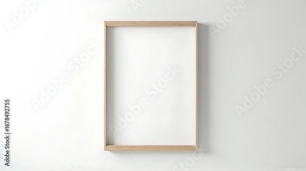 Fototapeta empty wooden frame on white wall with copy space