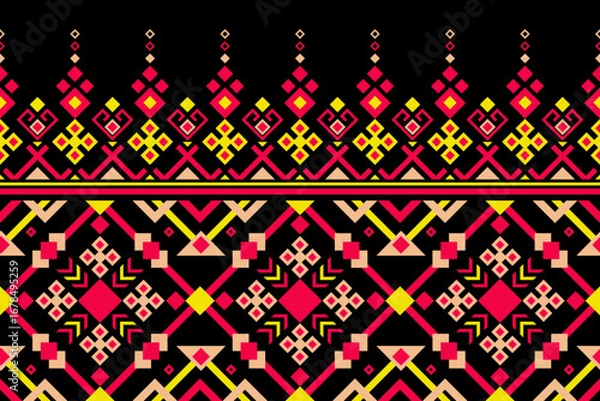 Fototapeta Native tribal geometric ethnic boho seamless pattern vector with neon details set on a black background ideal for cultural surface themes and modern decorative design.