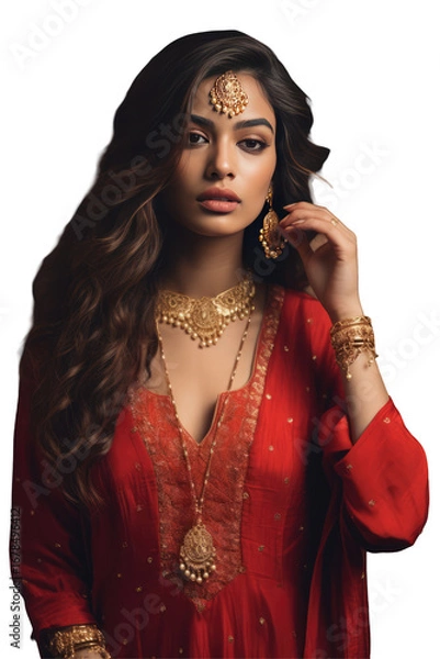 Fototapeta Young Indian Woman in Traditional Attire and Jewelry on Transparent Background. Fictional Character Created By Generative AI