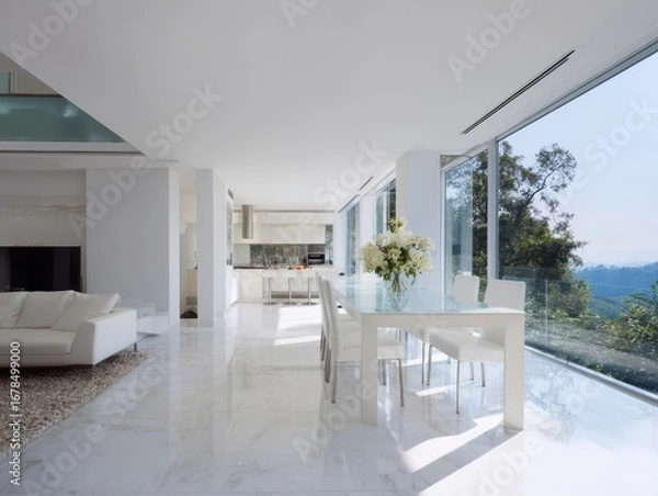 Fototapeta Spacious modern dining area with panoramic views.