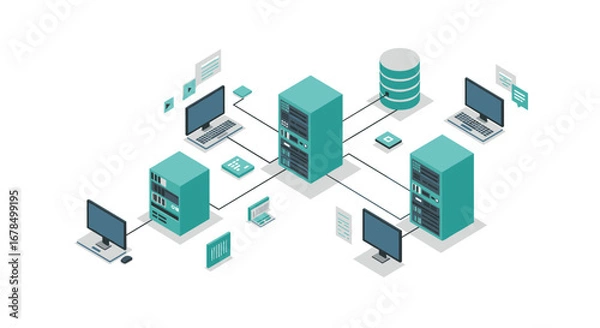 Fototapeta Isometric data network with servers and computers in teal