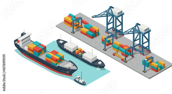 Fototapeta Isometric cargo port with shipping containers and cranes