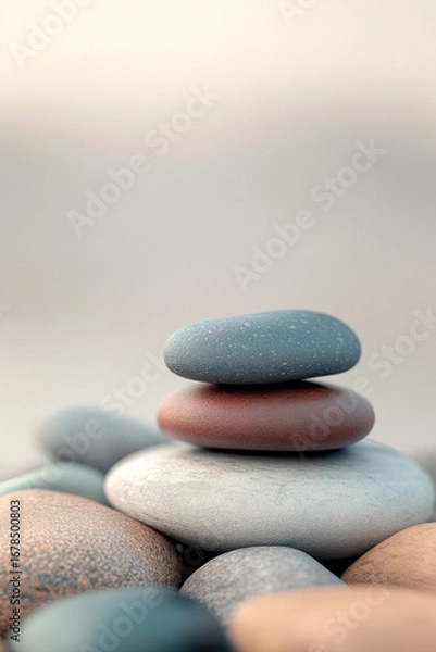 Fototapeta Stacked pebbles on a sandy surface create a serene and balanced composition in soft light
