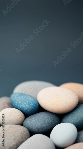 Fototapeta Unique arrangement of smooth pebbles in varying shades placed on a dark background