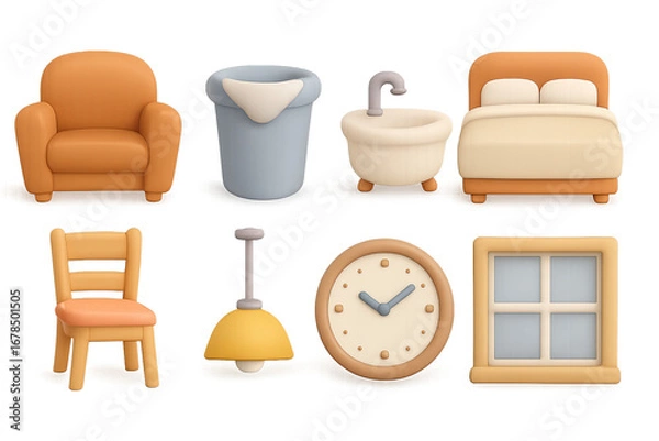 Fototapeta Cozy home essentials in soft 3d art: chair, bed, clock, and more