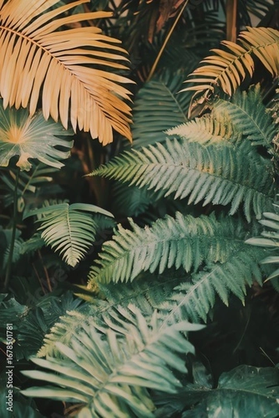 Fototapeta Oversized ferns arranged in deco symmetry, cinematic pastel tones