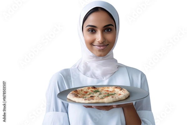 Fototapeta Young Muslim Woman Holding Pizza on Transparent Background. Fictional Character Created By Generative AI