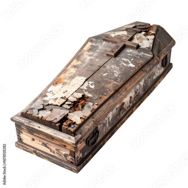 Fototapeta An old, weathered wooden coffin with a broken lid, featuring a rusted cross on a transparent background. Suitable for spooky Halloween themes and holiday crafts.
