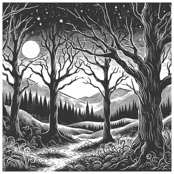 Fototapeta dark forest with bare trees, mountains, and starry night sky lit by the full moon sketch engraving generative ai vector illustration. Scratch board imitation. Black and white image.