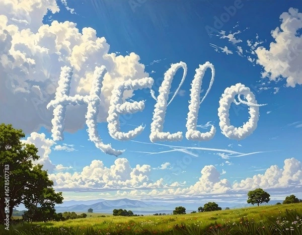 Fototapeta Clouds spelling "Hello" over a landscape