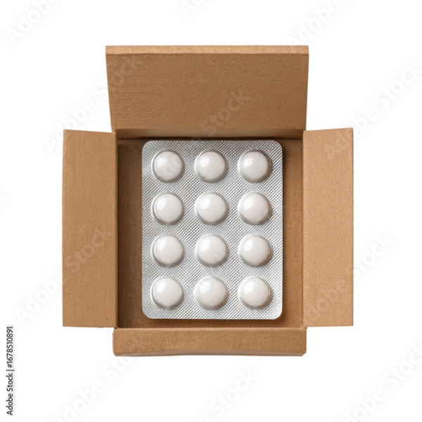 Fototapeta Pills in a cardboard box on transparent background