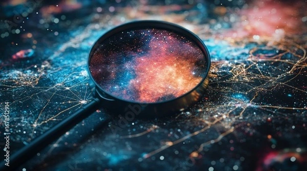 Fototapeta Exploring celestial maps through a magnifying glass space visual art cosmic environment close-up view astronomy concept