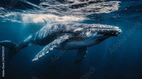 Fototapeta Majestic whale swimming gracefully near the surface ocean depths wildlife photography tranquil waters underwater perspective