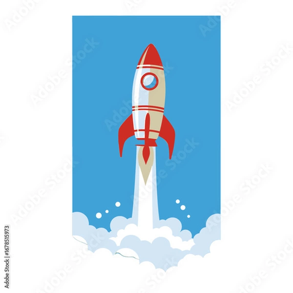 Fototapeta Red and White Rocket Launching into a Light Blue Sky with Fluffy White Clouds