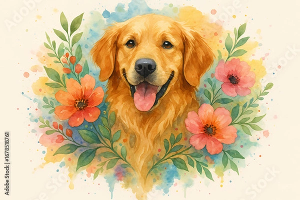 Obraz Cute dog with flowers background