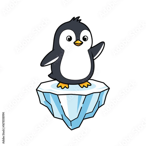 Fototapeta A delightful cartoon penguin, with a friendly wave, stands on a small, isolated iceberg, representing the charm of arctic wildlife and its delicate habitat.