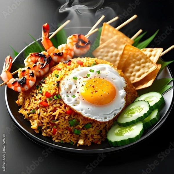 Fototapeta Gourmet Nasi Goreng with Fried Egg, Satay Skewers, and Prawn Crackers