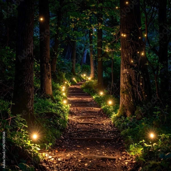 Fototapeta Night path through a luminous forest