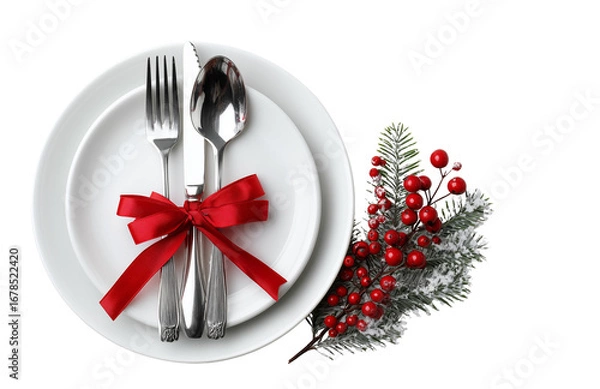 Fototapeta Christmas Table Setting with Red Ribbon and Silverware, Transparent Background
