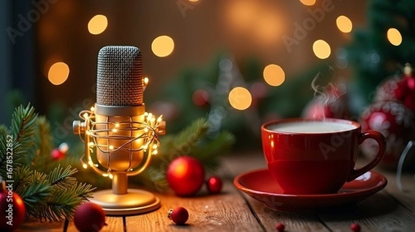 Obraz Cozy Christmas podcast cover with glowing microphone wrapped in fairy lights, wooden table with pine branches, ornaments, steaming cocoa, festive red-green palette, snowflakes, soft bokeh