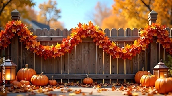 Obraz Autumn-inspired rustic scene with intricately hanging orange, red, and yellow garlands, plump pumpkins, crunching leaves, bronze lanterns, and a wooden fence under bright clear sky