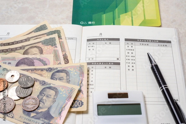 Fototapeta 家計簿、豊かで楽しい家庭生活を送るために必要な支出と収入を管理する