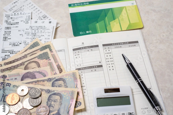 Fototapeta 家計簿、豊かで楽しい家庭生活を送るために必要な支出と収入を管理する