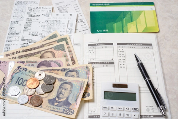 Fototapeta 家計簿、豊かで楽しい家庭生活を送るために必要な支出と収入を管理する