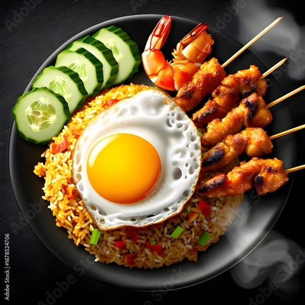 Fototapeta Gourmet Nasi Goreng with Fried Egg, Satay Skewers, and Prawn Crackers