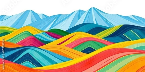 Fototapeta Abstract vector landscape, colorful geometric lines, vintage art style, paint brush strokes, hand-drawn pattern,  stroke,  trendy