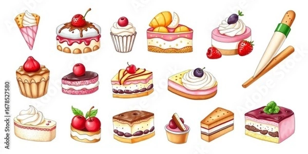 Fototapeta A delightful collection of hand-drawn Italian desserts, including tiramisu, gelato, biscotti, and more,  cake,  menu