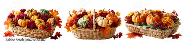 Fototapeta Rustic wicker baskets filled with pumpkins, gourds, and autumn leaves on a transparent background