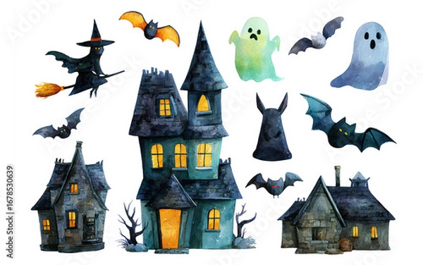 Fototapeta A set of clip art with Halloween symbols: ghosts, bats, witch on broom, haunted house. Watercolor on white background. AI generated.