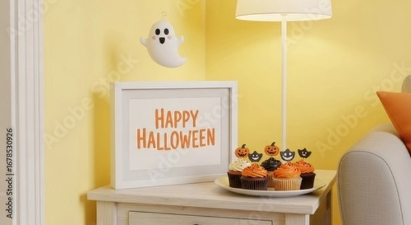 Fototapeta Festive Halloween scene with cupcakes, ghost, and frame, perfect for autumn decor