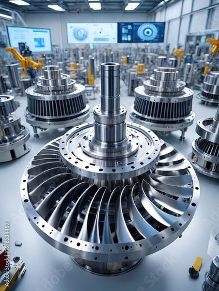 Fototapeta In a state-of-the-art industrial facility, multiple turbine components are meticulously arranged for assembly