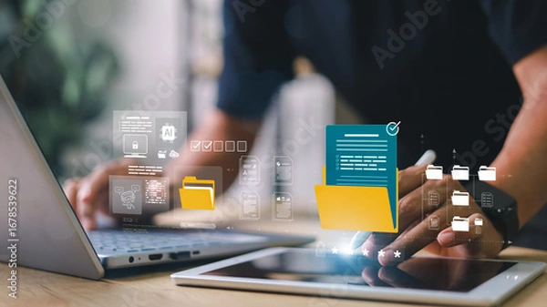 Fototapeta Document Management System DMS. Enterprise resource planning ERP. Document workflow sharing .Digital asset content management. Backup online document files.