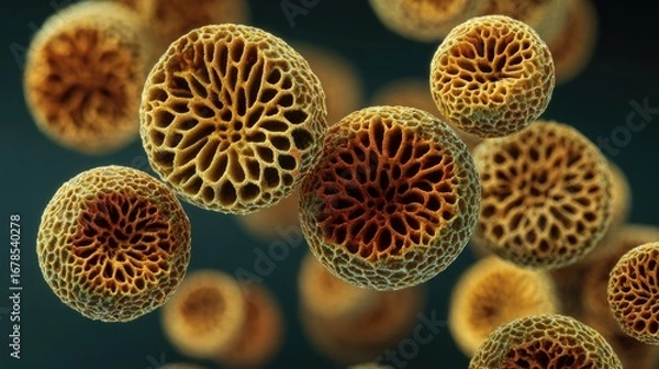 Obraz Abstract, golden, textured spheres in mid-air