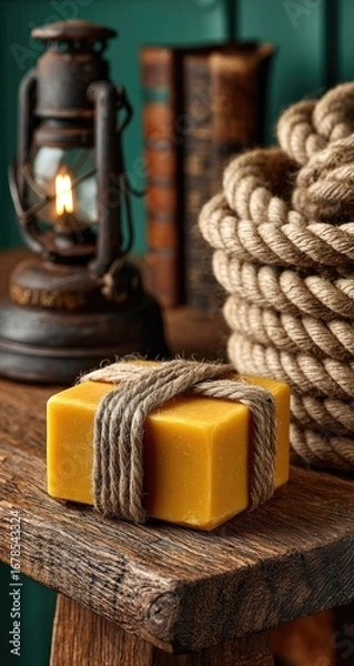 Fototapeta A block of yellow soap, wrapped in twine, sits on a wooden table, surrounded by a vintage lantern, books, and rope